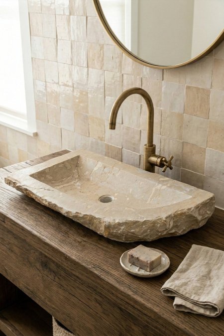 حوض مغسلة حجر طبيعي ريفي مستطيل – 81×41 سم